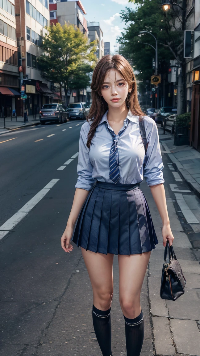 a beautiful 18 year old Japanese high school girl with perfect , healthy thighs, beautiful legs, beautiful skin, random hair color and style, , (wearing a Japanese schoolgirl uniform:1.3), (she is standing:1.2), penny loafers, holding a student bag, full body shot, standing on a city street, (best quality,4k,8k,highres,masterpiece:1.3),(extremely detailed:1.2), photorealistic, ultra-detailed, vivid colors, studio lighting, professional, 