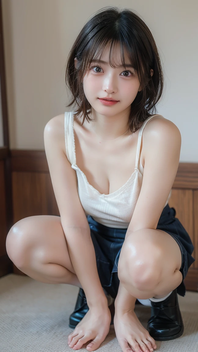 (((Make sure the front of your body is facing the camera.........:1.8))), (((panty shot:1.8))), (((Nurse uniform:1.8, mini-skirt, White panties, Your panties look bright..........))), (((in hospital:1.5, Bend your knees, Squat down and show me your panties.:1.5))), (((dressing:1.8))), smiling smile:1.3, 1girll, 独奏, 18 years-old, 7 Head Body, Ideal proportions Body proportions, Erection nipples, short-hair, A dark-haired, With bangs, tiny boobs, skiny, Small hips, beauty leg, skiny legs, hyperrealism, Cinematic lighting, depth of fields, One-person viewpoint, f/1.8, 135mm, NFFSW (english) (english) (english) (english) (english) (english) (english) (english) (english) (english), masutepiece, ccurate, ((Anatomically accurate.)), textured skin, super detaill, high detailed, High Quality, Award-Standing, Best Quality, Hight Resolution, 8K