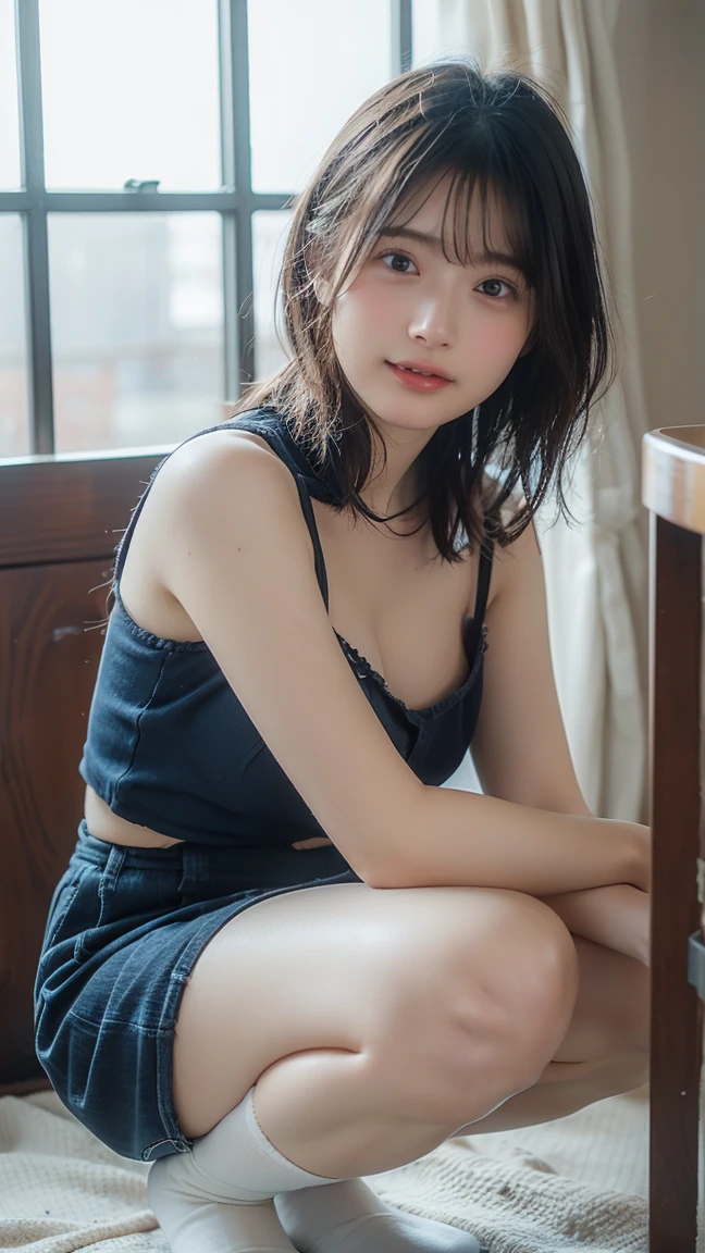 Photo of korean woman sitting at table holding coffee window sunlight in cafe, blue hair, dynamic pose, skin texture, white skin, shiny skin, (slim, small:1.2), [:(focus clearly on the face, detailed face, perfect eyes, looking at the viewer:1.2):0.2], realistic, film grain, highest quality, masterpiece、no makeup、