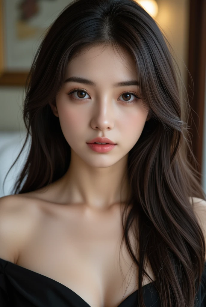(Best quality, 4k, Hyperrealistic:1.2), masterpiece, a beautiful woman with long hair, facing the viewer, full head shot, Detailed eyes and face, Stunning make-up, dark lipstick, expressive eyebrows, disheveled hair, glowing skin, An alluring look, Flawless complexion, Adorable smile, lace bra, Intricate lace details, Openwork lace trim, Soft lighting, Dramatic Shadows