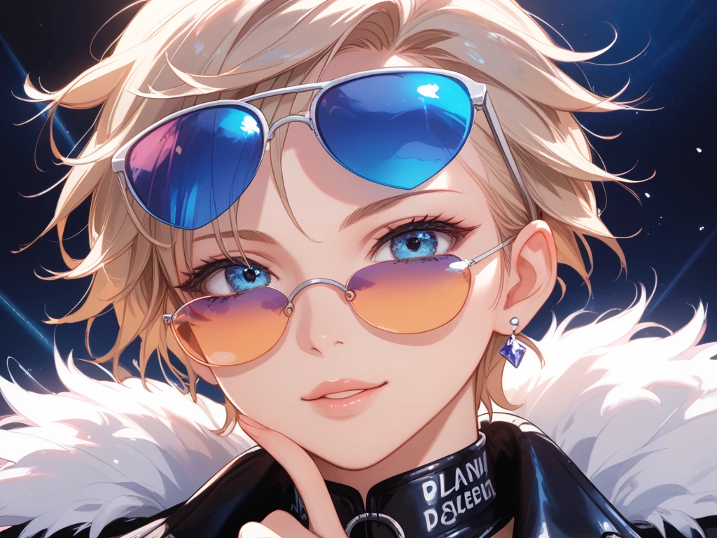 sHe is tall with short, light-colored hair. sHe wears large sunglasses and has pointed teeth, giving her an almost menacing appearance although she is quite the opposite. SPARKLE; GLITTER