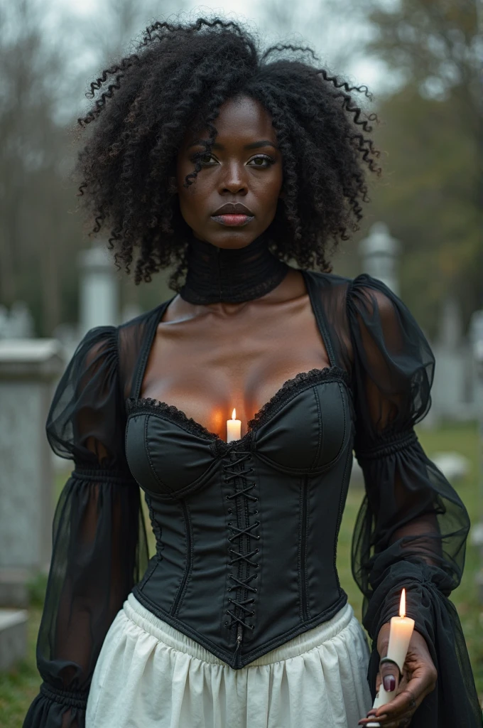 1 elegant black woman, (((Dark black skin 1.2))), Mature middle-aged woman， goth woman, vampire, goth makeup, victorian era dress, corset, corset dress, choker necklace, Dark eyeshadow，Full-body art, black skin, a dark tanned skin，Melanin pigmentation of the skin，very dark skin, violet eyes, lesvian, afro hair, short hair, renascence portrait, realist, elegant pose, dark color scheme, candlelit ilumination, vintage fashion, victorian era fashion, Victorian dress, corset,