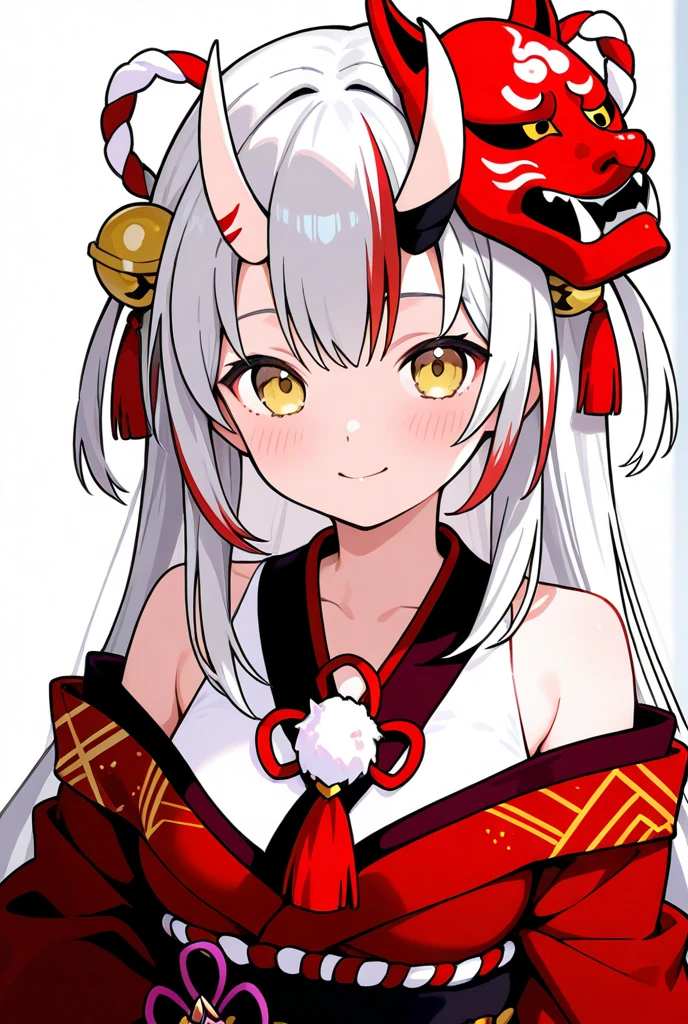 1girl,two-tone hair,red eyes,white background,arms behind back,torii,blush,