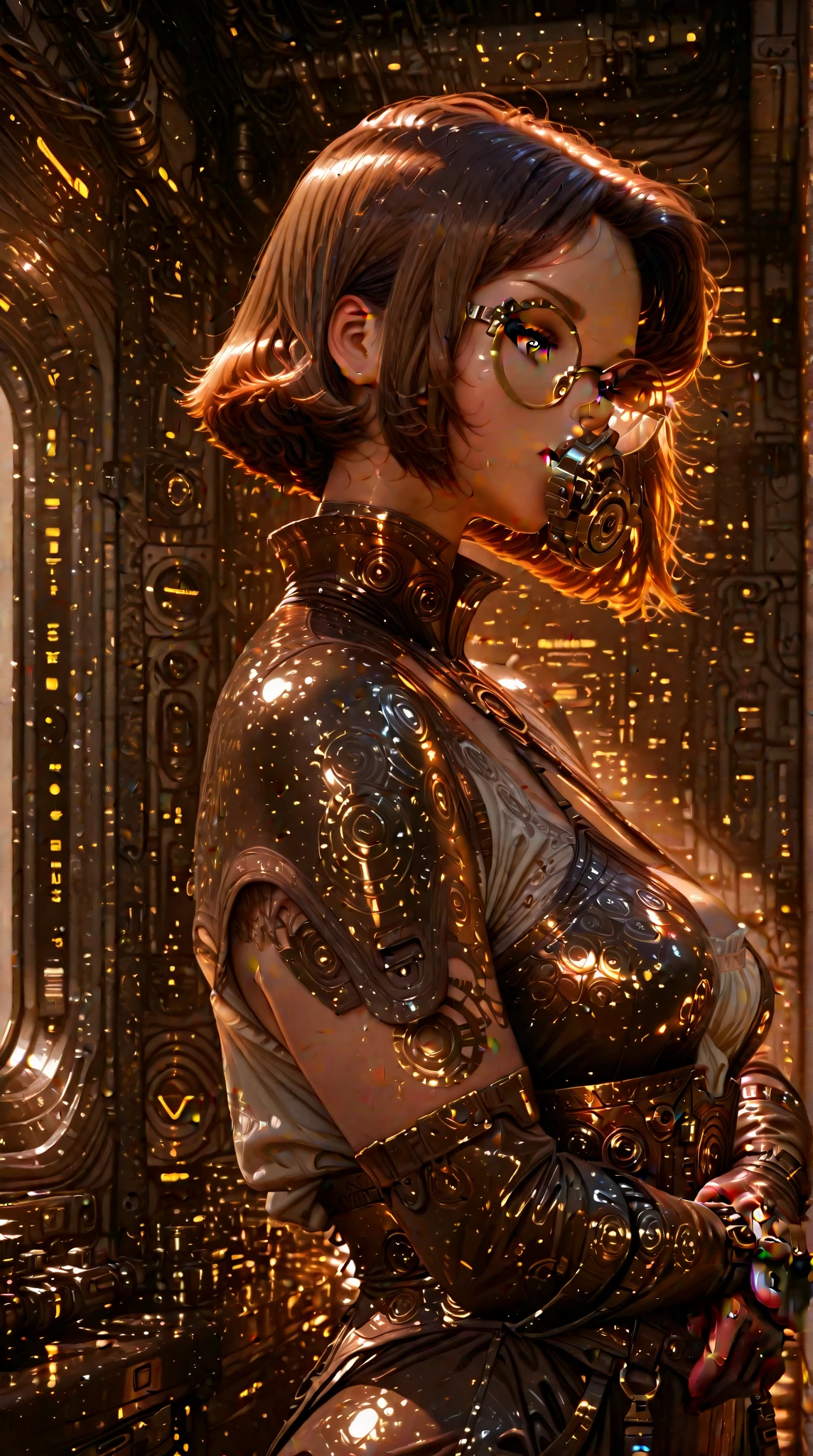 Photojournalism photo, shot on Kodak Ektar 100, Natural Light, using a Sony A7R IV, Anamorphic lens, Medium Shot angle, in the style of Helmut Newton, in a Nostalgic atmosphere, humanoid, gears, golden and red, big eyes, yellow cable, sleek and polished, bokeh, depth of field, ancient but futururistic, desert,
