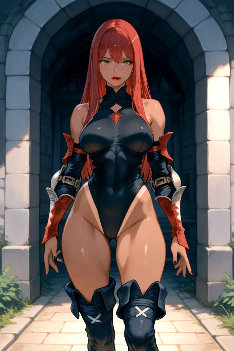masterpiece, best quality, Soft drawing style, 2d, red hair, long hair, rough hairstyle, Demon female knight, white horns, (heavy breathing, flushing, Excitement, sexual excitement:1.5), {{tsurime}}, huge breasts, thin waist, wide pelvis, (NSFW:1.5), black underwear, (micro bikini:1.5), Pelvic exposure, exposed navel, (black armor, thigh armor, Spaulders:1.5), stockings, smooth skin, standing posture, Composition seen from the front, Wet, A lot of love juice, (milf:1.5), (Decadent beauty, Decadent beauty:1.5), maturity, forest background