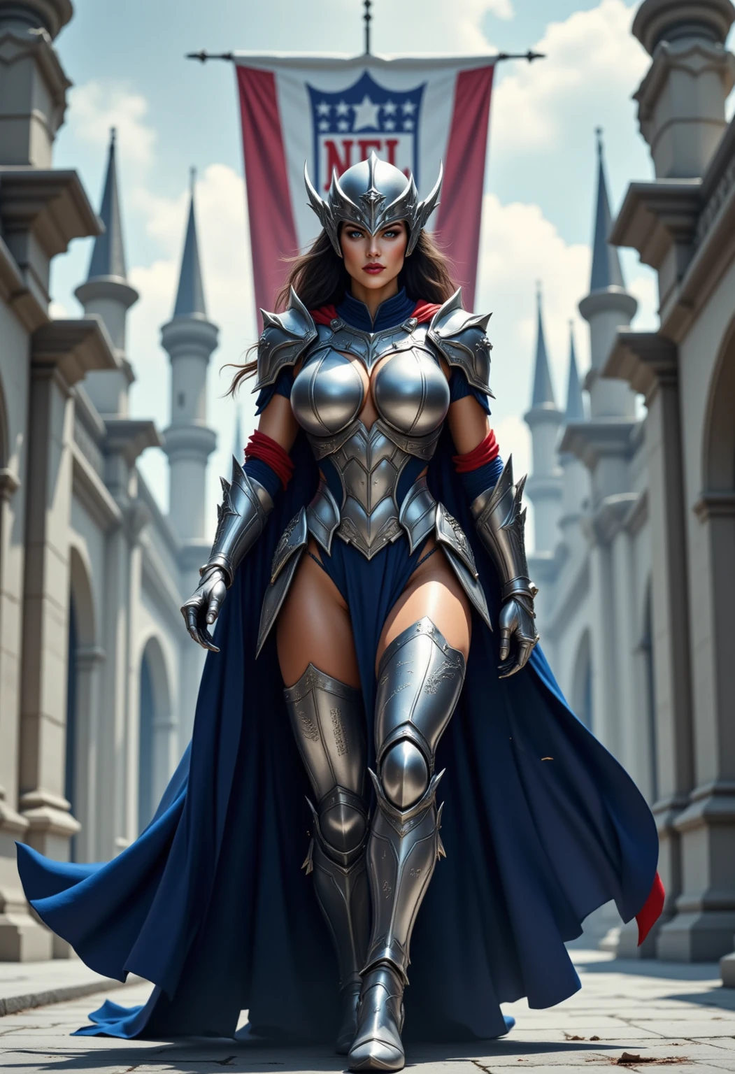 Woman with straight brown hair light eyes firm body perfect breasts armor medieval leather suit cape posing with blades and 