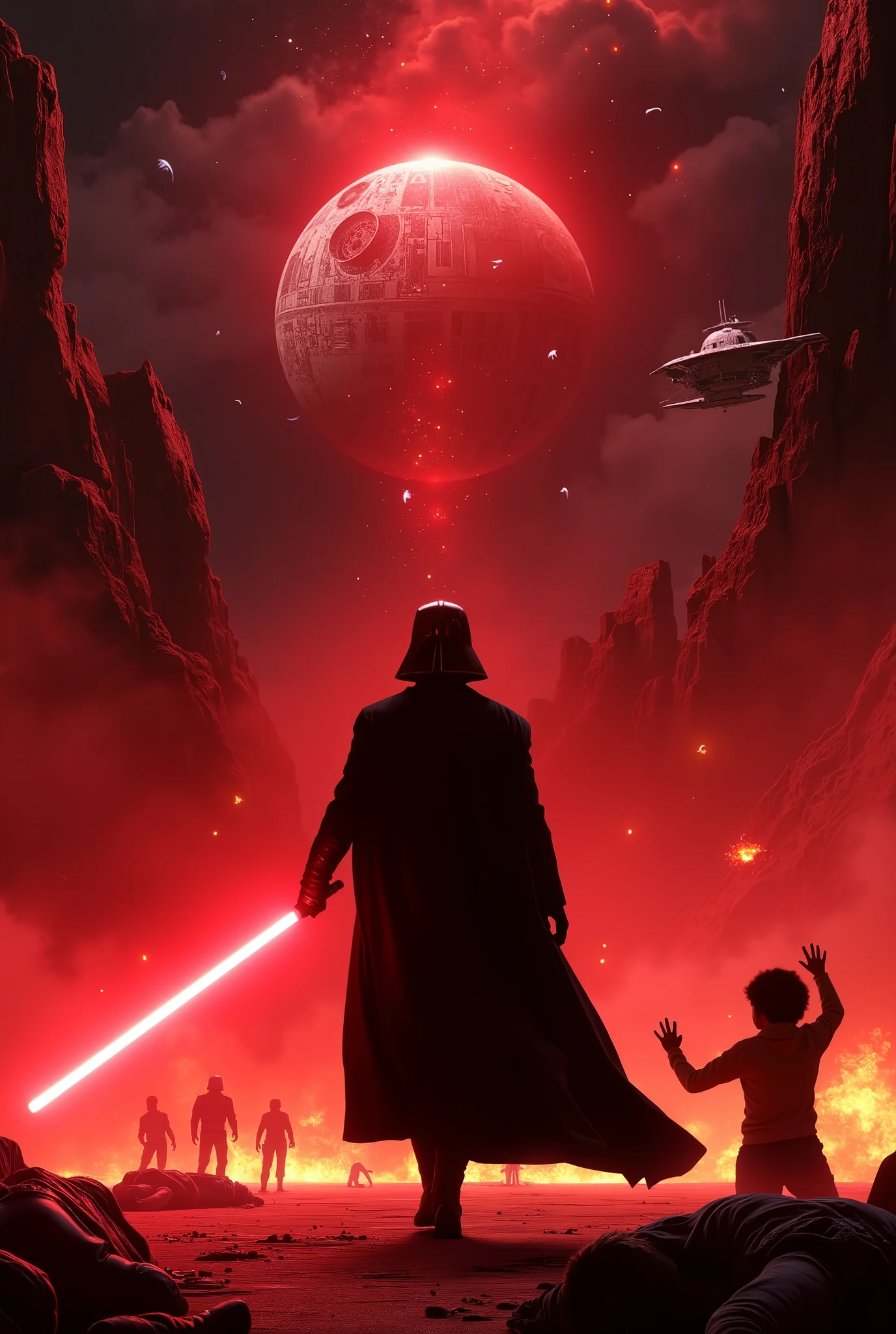 Darth vader, walking towards the spectator, light sabre in the hand, Learn the color red, dark scenery, flames and fire, destruction, Death Star, raised hand, bodies on the floor, kneeling on the floor, looking up
