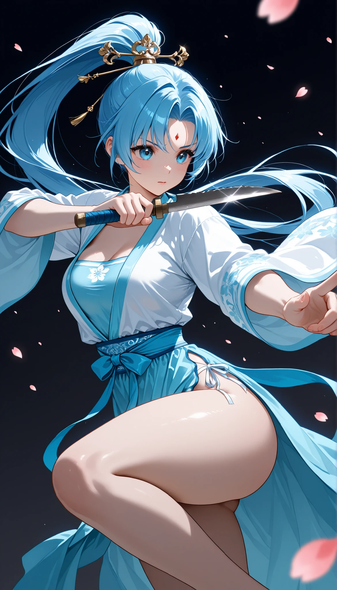 Hanfu with slits(Cherry Blossom)、martial artist、Boxing、Blue Hair、long ponytail、maturity、thighs、China、traditional martial arts、Master、bare hands、Hand Knife