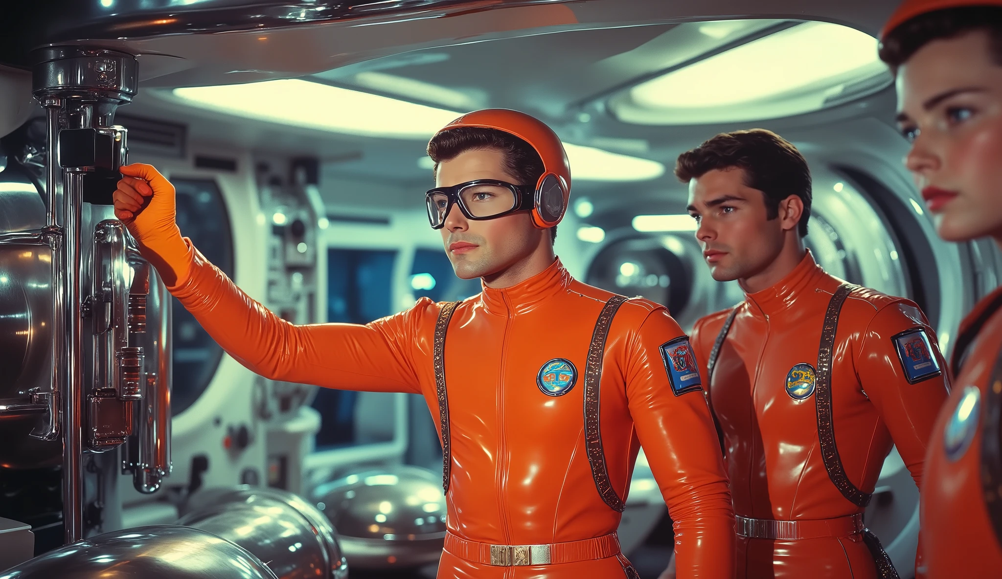 4k image from a 1960s science fiction film by Wes Anderson, Filme O Grande Hotel Budapeste, pastels colors, A man and a woman wearing retrofuturistic alien masks and holding colorful suitcases and chests on the bus, Retro-futuristic fashion clothes from the 60s with old robots, Luz Natural, Psicodelia, futurista estranho, retro-futurista, photo-realistic, Sharp background details.