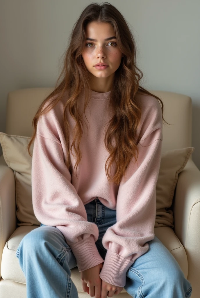 raw photo, m1nasundwall, realistic skin texture, oversize light pink knit sweater, (red:0.8), softcore, warm lighting, simple background, magazine cover
