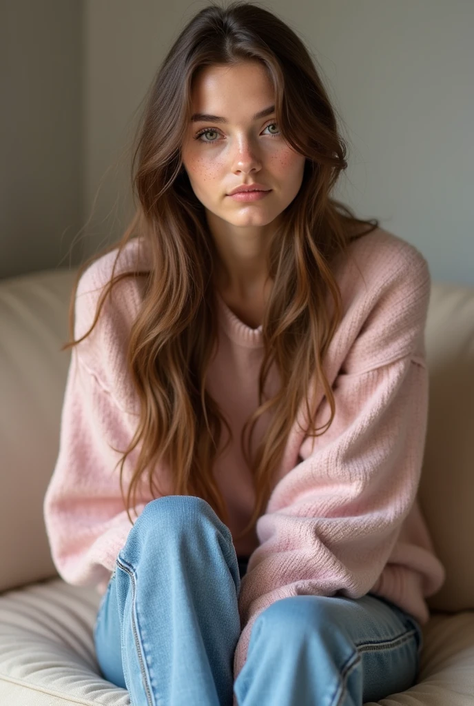 (Masterpiece, Best Quality: 1.4), Girl, Solo, Beautiful Face, 8K, Absurd, Above the Knees, Long Hair, Pink Shirt, Beautiful Long Legs, Looking at Camera, Big Breasts, Light Makeup, Chromatic Aberration, Sharp Focus, Bright and Refined , (smile : 0.5) ) ), room, interior, gentle light [:detail face:10]