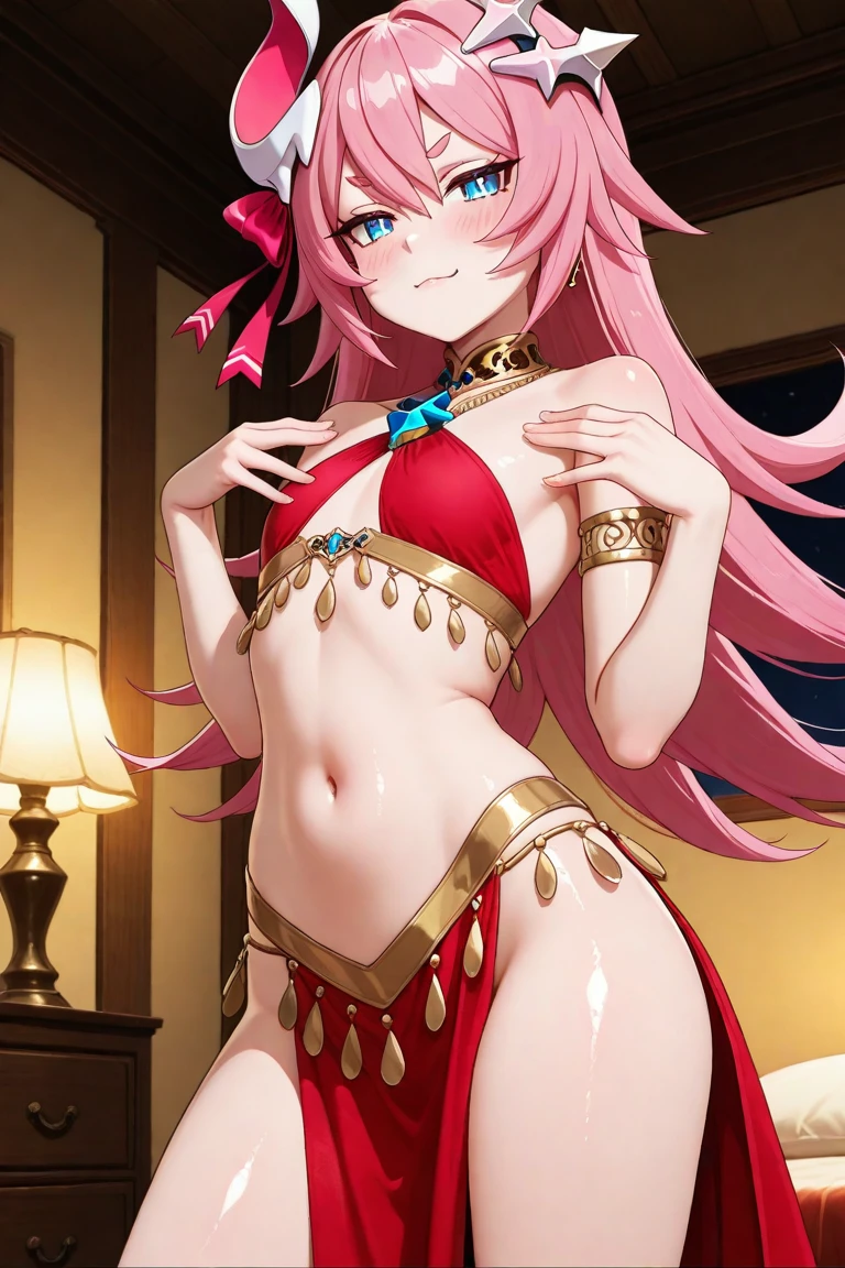 masterpiece, best quality, ultra-detailed, 1girl, solo, looking at viewer, (curvy:1.1), large breasts, pink hair, long hair, bangs, twin bun bun hair with braids, pink eyes, , (breasts apart:1.3), groin, (pasties:1.3), neck ring, armlet, bracelet, (thighlet:1.2), (transparent white cape golden fur line:1.2), (crown hair ornament:1.1), navel piercing, (chain:1.1), (gold:1.3), (gold trim:1.2) arm up, full body, anklet, on bed, red outfit, red bra, red transparent break long skirt, net stockings, full body, heels, goddes dress, aphrodite, all in red outfits, fur, golden fur, circle round braided hair, laying on the bed, rich palace backround, grab a rose, touch a rose