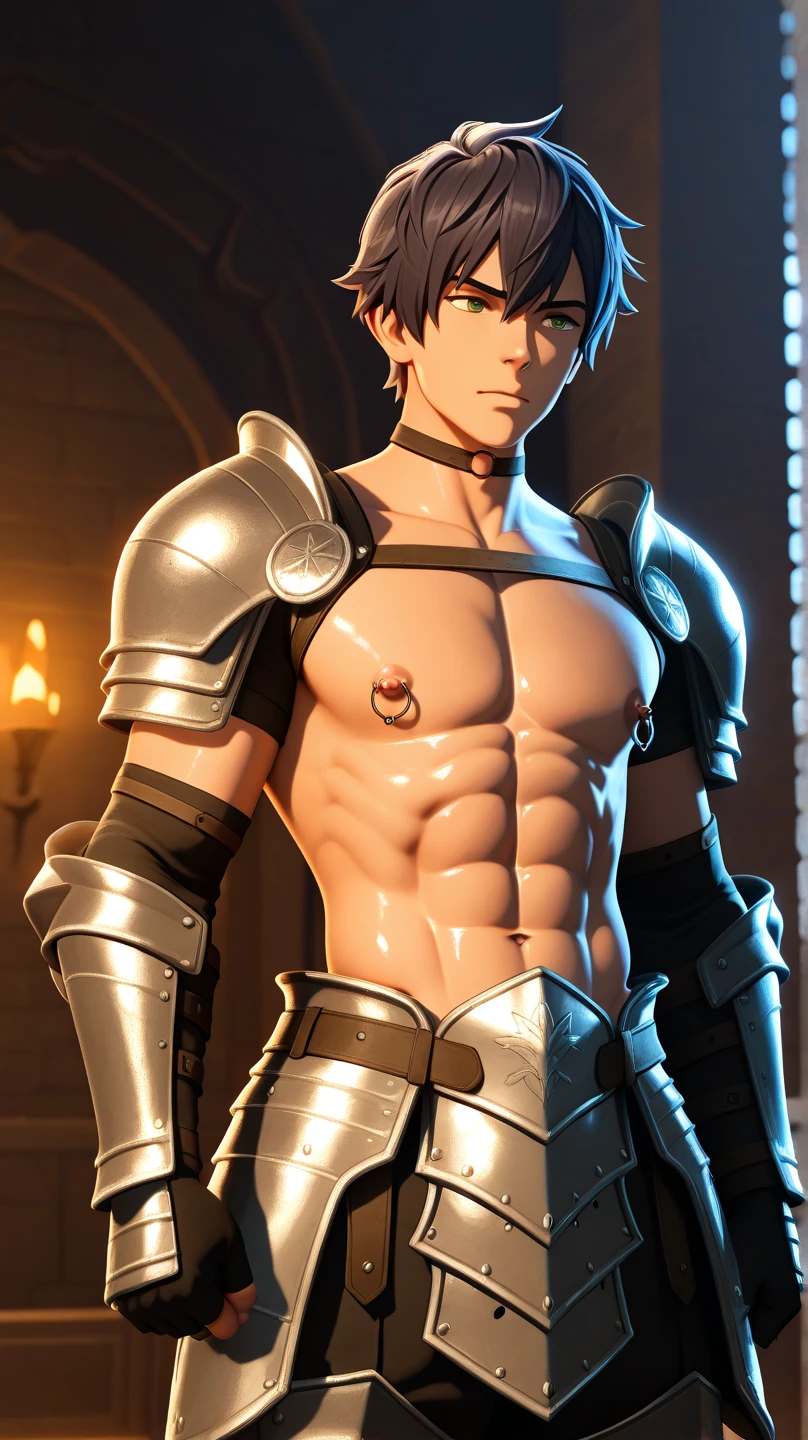 high quality, detailed, Realistic, (19 years old japanese idol maid boy), (detailed black eyes), (black short hair), (abs:1.5), (shiny skin), dungeon, apron, head dress, (tiny thongs), (bulge:1.2), candle, (detailed nipples), detailed areola,