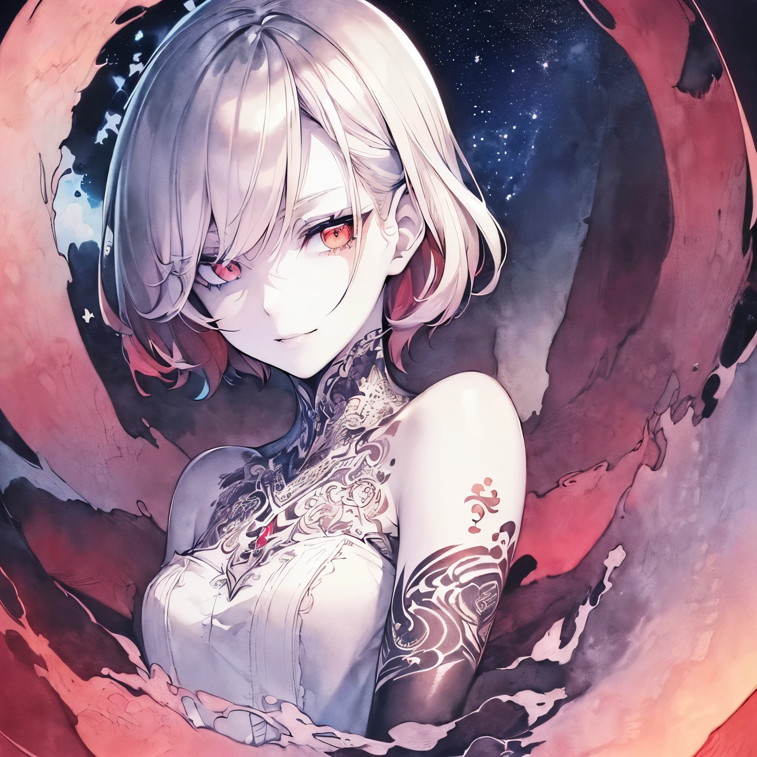 ((monochrome))(Image from chest up:1.4)((masterpiece:1.5,Highest quality,Beautiful images、Sketch、2.5D、Ink Painting、Abstract、Artistic、Portraiture))(1girl, solo)(medium breasts, white hair、bob hair、Beautiful cleavage、Exposing shoulders)(Profile Portrait,Gaze sideways、Gaze diagonally、Shake your head、A sad expression, floating hair)(Monotone artistic background)from side