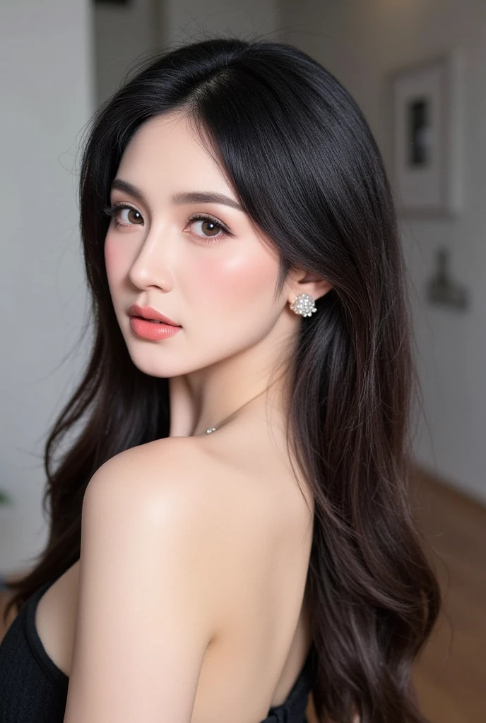 a korean woman in a black sheered robe posing for a picture, wearing edgTemptation , indoors, luxurious hotel, night, plants,smile, mixed Korean, background blur, focus, professional photography, dynamic angle shot, film grain, bokeh, ray tracing, dynamic lighting, tilt camera, from front shot, lens flare,
(((masterpiece))), ((best quality)), NSFW, ((intricate detailed)), ((realistic)), (50mm Sigma f/1.4 ZEISS lens, F1.4, 1/800s, ISO 100, photograpy:1.1), perspective,milf, mature woman, highly detailed, illustration, 1girl, big breasts, beautiful detailed eyes,long hair, bang, brown hair, brown eyes, black choker, earrings, detailed background, perfect eyes, seductive eyes, looking at the viewer, from front   <lora:edgTemptation1:0.6>  <lora:add_detail:0.3> <lora:more_details:0.3>  <lora:girl_SDLife_Chiasedamme_v2.3:0.35>