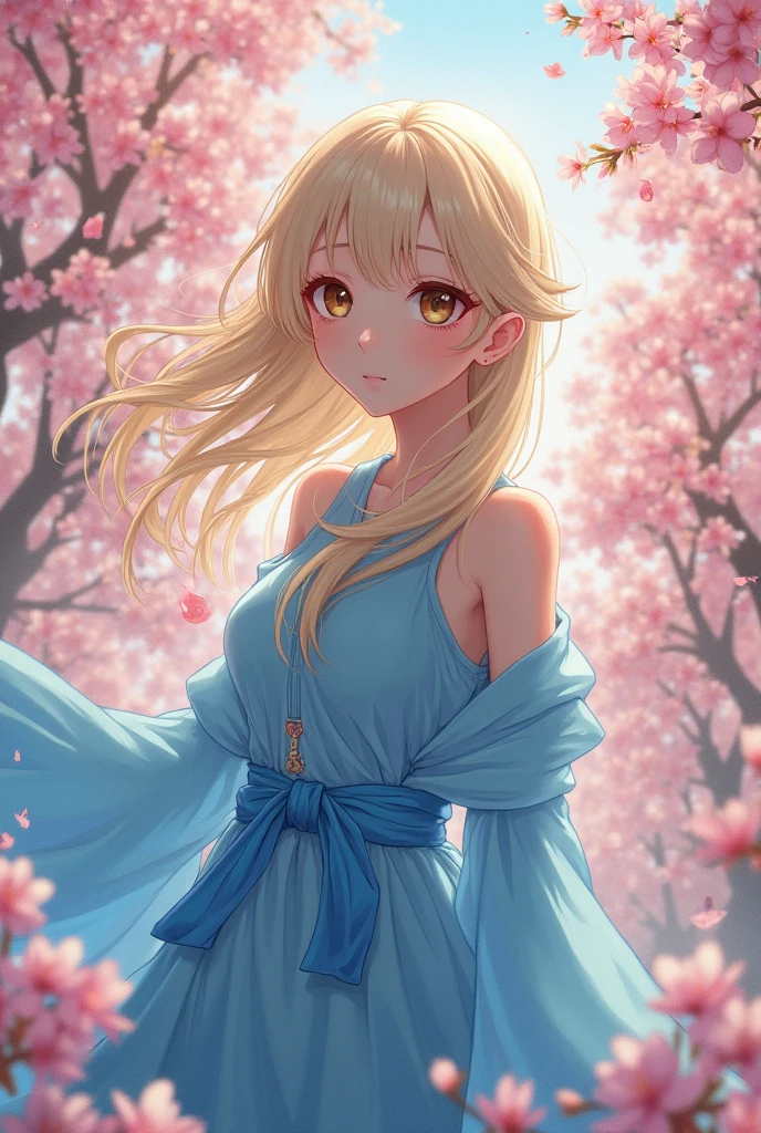 work of art, ultra creative, epic details, ultra detaild, best resolution, Woman, blonde, (BEAUTIFUL ELF), {wreath on head} ((rosto angelical)), sculptural body, pink outfit, ((perfect hands))), pink scenery, no mistakes, (((rosto ultra detaild ))), ((( olhos ultra detailds ))) glad, (expression of joy), (big smile on your face), Simple smile, moon in the background, Sakura petals around