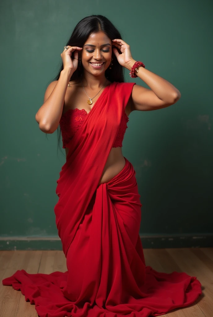 HLAF BODY OF A simple yet impactful illustration of a beautiful INDIAN SCHOOL TEACHER IN RED SAREE, She SHUTUP smile brightens, BLAK Ponytail the minimalist CLASS ROOM background, which consists of clean lines and a limited color palette. The overall atmosphere of the illustration is cheerful and optimistic, evoking a sense of positivity and confidence., illustration,