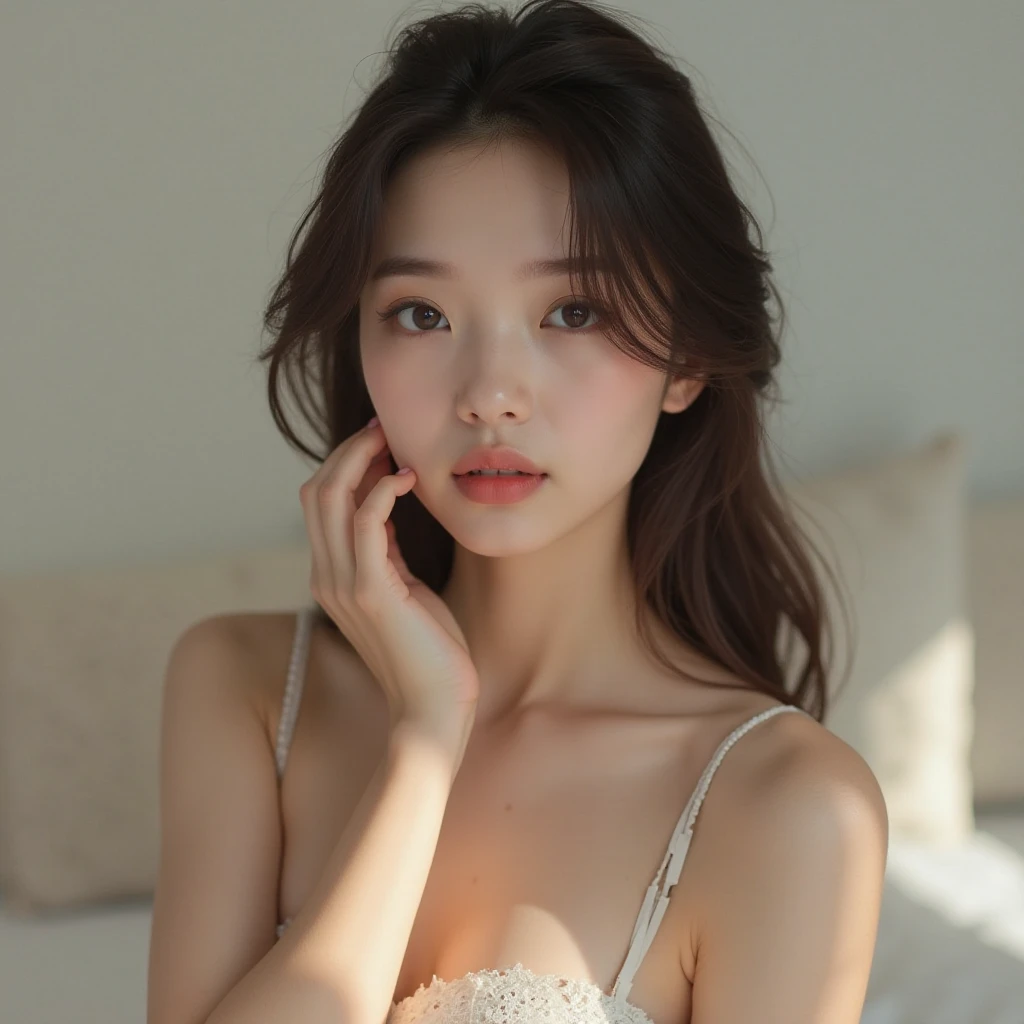 A woman in a white top sits on the bed, gorgeous young Korean woman, beautiful south Korean woman, beautiful young Korean woman, Korean Girl, Young and cute Korean face, Beautiful Asian girl, Korean woman, Beautiful Chinese model, Cute and delicate face, Beautiful Asian woman, A beautiful young woman, Beautiful delicate face, Female beautiful face, Very beautiful young woman, Beautiful girl model，Translucent skin