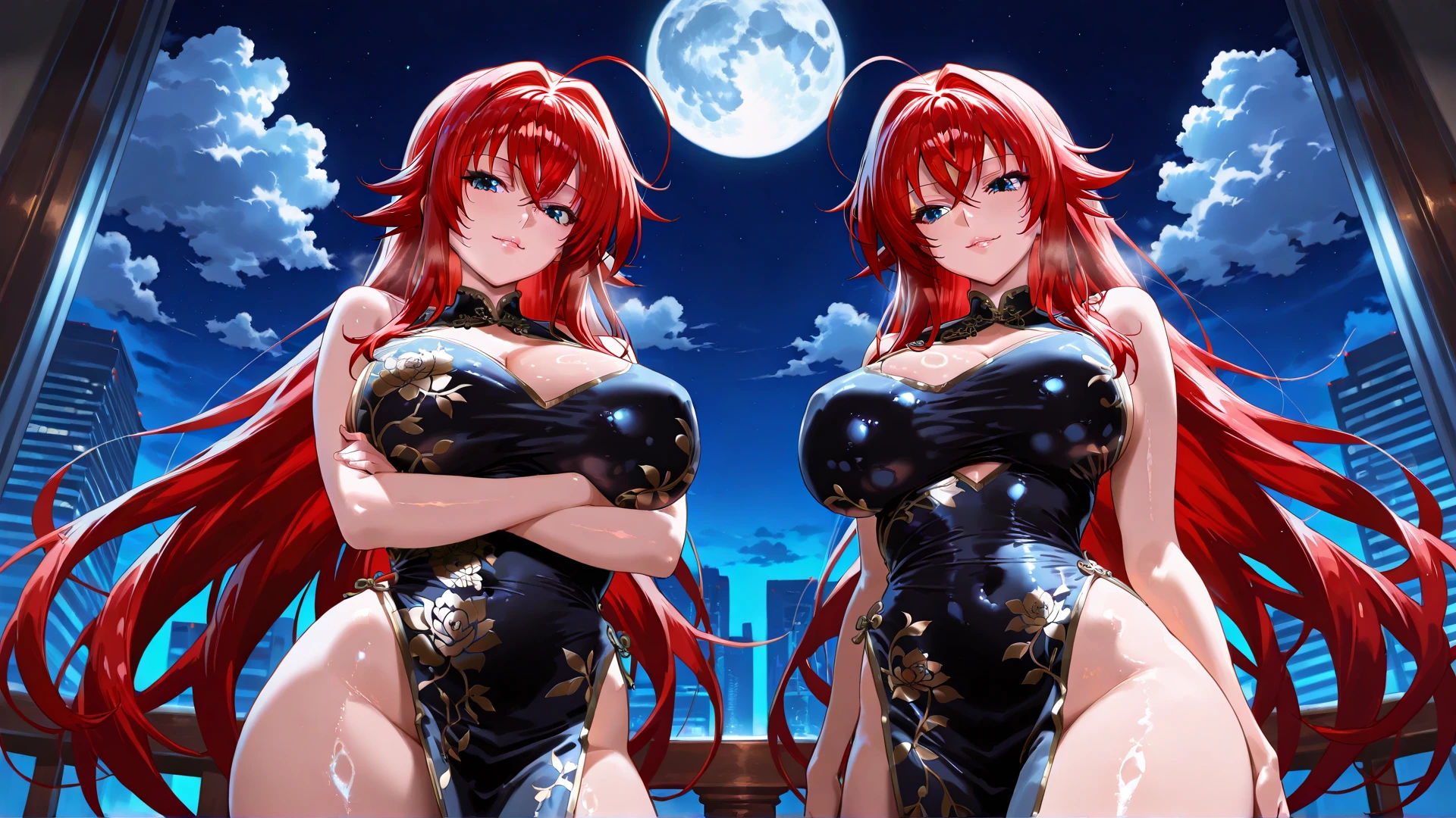 Red and blue hair, anime girl in sexy costume posing in front of full moon, 2 beautiful anime girls, anime girl, night core, anime style 4K, best anime 4K Conachan wallpaper, 2 pure moons, twin tails, ultra hd anime wallpaper, 4k anime wallpaper --auto --s2
