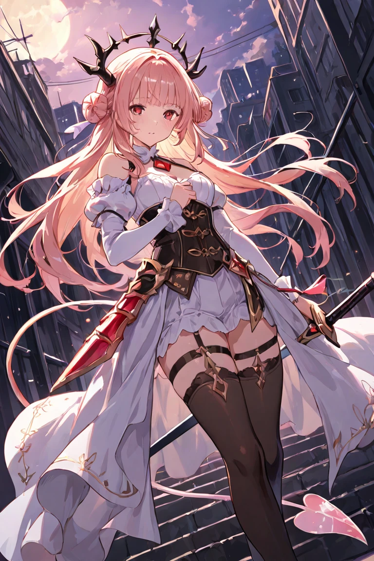 masterpiece, best quality, highres, 1girl, horns,(theresahead), (red eyes), (Sulking), white dress solo, shoulder armor, dress, very long hair, thigh strap, white dress, (in fighting stands), (swinging a big sword), (running), (wearing steel greaves), (wearing steel gauntlets), (wearing chest plate), cleavage, pauldrons, white thighhighs, medium breasts, bangs, detached sleeves, attacking monster