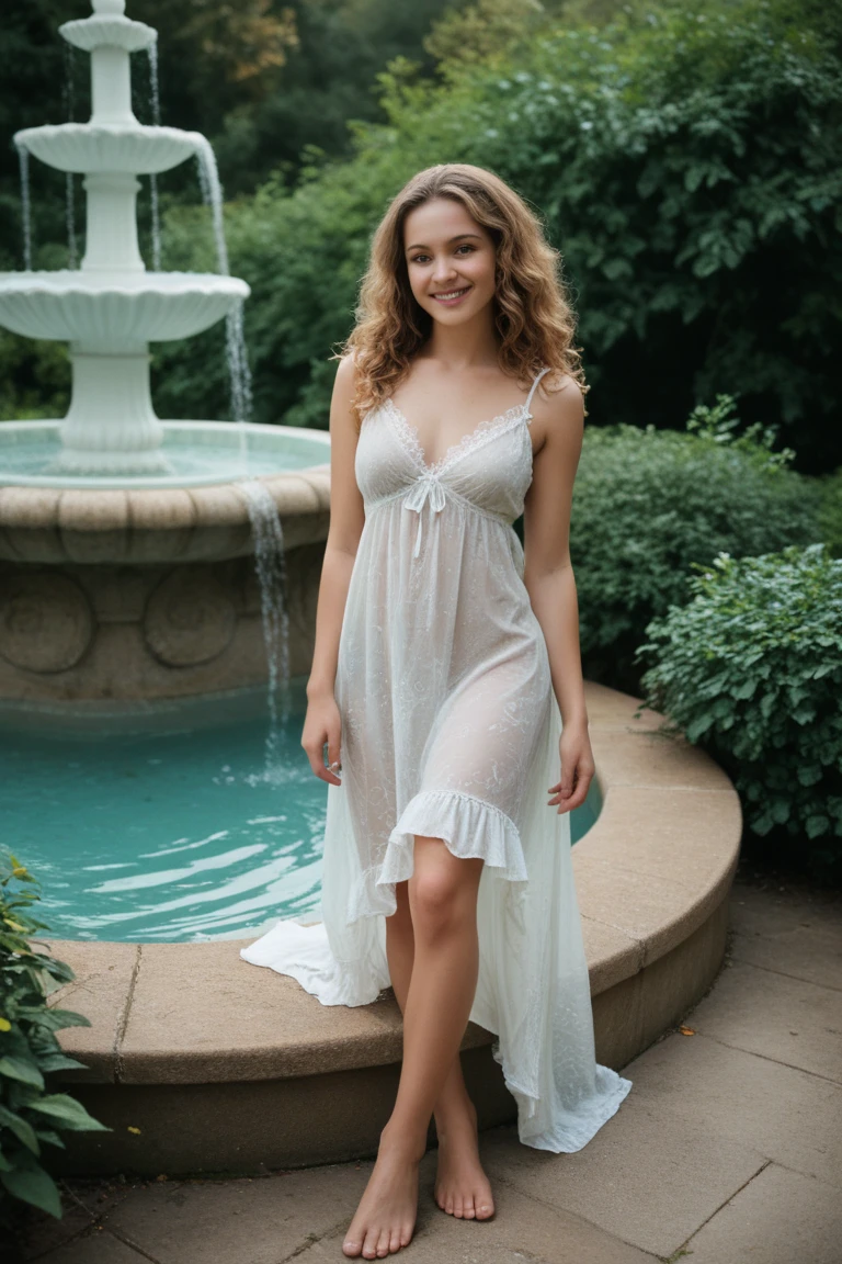 An old woman with a delicate expression, around 68 years of age, occupies the center of the image. She's dressed in an elegant, light fabric dress, possibly silk or chiffon, that dances in the breeze. The pastel shades of the dress highlight her youth and freshness. Her hair is loose, accentuated by the sun's rays filtering through the surrounding trees.
The image is set in an idyllic backdrop. Behind the young woman, a beautiful garden unfolds, brimming with flowers in hues of pink, white, and yellow. Beyond the flowers, large trees and verdant bushes adorn the landscape, creating an atmosphere of tranquility and beauty. The soft sunlight, shining through the leaves of the trees, casts a pattern of shadows on the scene, adding an ethereal quality to the image.
In this landscape, the young woman appears perfectly at ease, as if she were in her own piece of paradise. Her countenance is soft, almost dreamy, as if she's lost in pleasant thoughts. Her posture is graceful and relaxed, making her seem even more part of this serene and charming environment.
In the lower right corner of the image, a small stone fountain contributes to the scene with a pleasant and soothing sound of running water. This is an image of beauty, serenity, and youth, a perfect combination of a unique moment captured in time.