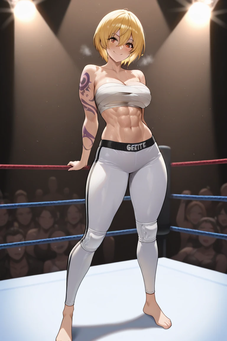 full body photographed、​masterpiece、top-quality、hight resolution、Bery short hair、White-silver hair、Big green eyes、High leg cut swimsuit、white sporty boots、Sweaty skin、Professional wrestling venues、professional wrestling、（（On the ring of professional wrestling：1.1））、Red face、20 year old woman,Young Woman's （（She's standing：1.2））、（large full breasts:1.2）、sullenness、well-muscled、Split abs