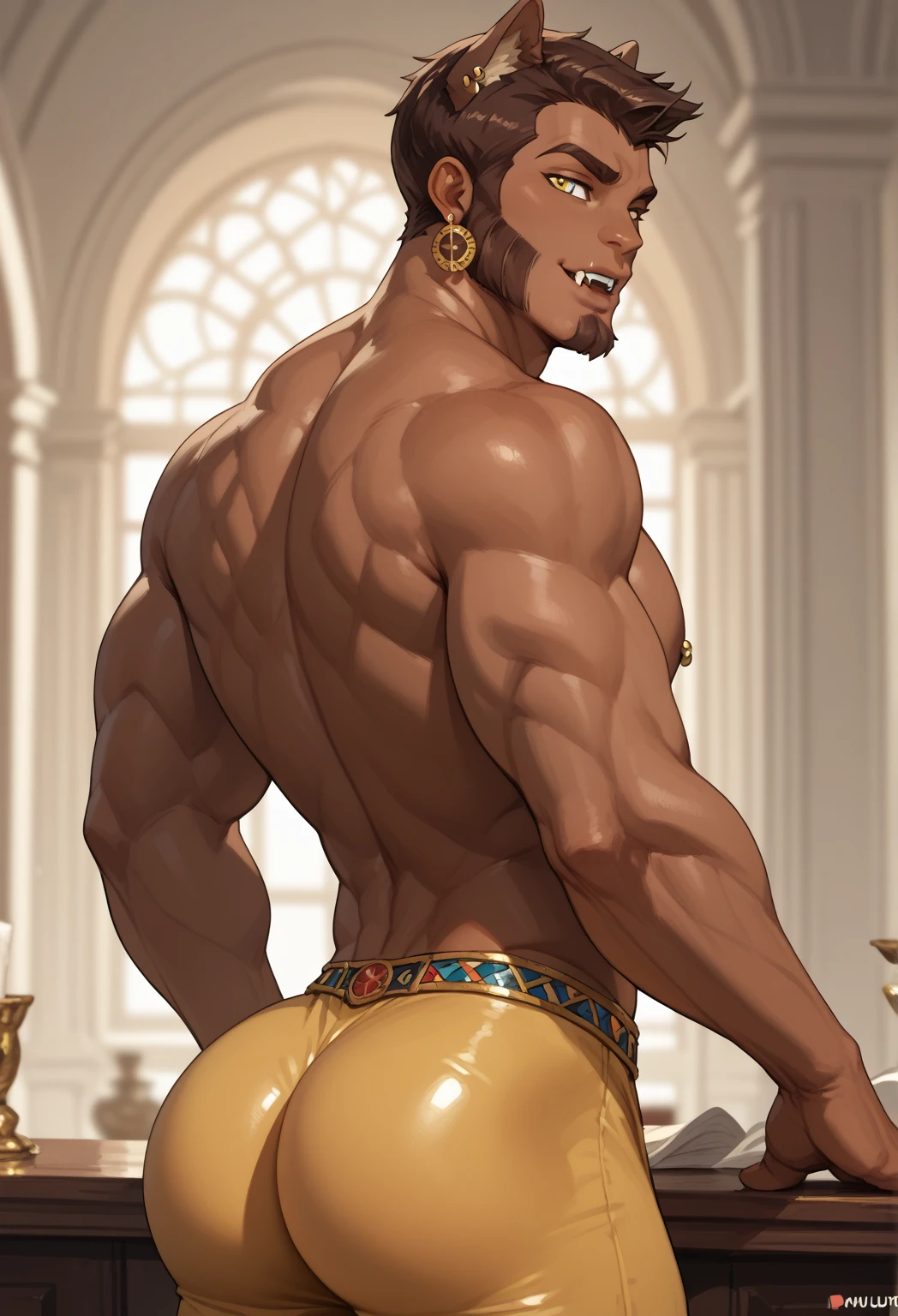 An African man with brown skin standing with huge, gigantic, lactating pecs, a huge butt, thick thighs and a huge dick