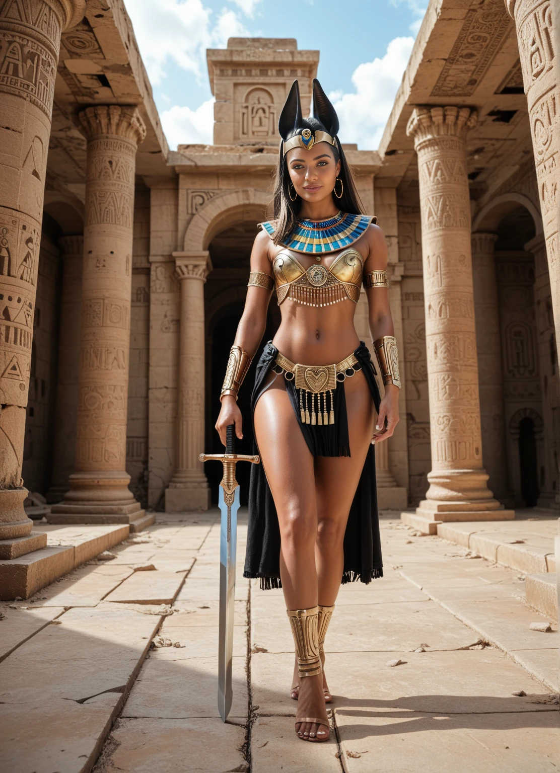 a white woman (((a beautiful lady dressed in an ancient Egyptian outfit))), (very long hair, midi cut with bangs), (full body) absolute resolution, ((Egyptian Khol eyeliner)), high resolution, ultra detailed, long hair, black hair, (Muscovite girl), Egyptian clothing, too many Egyptian decorations, ((blue eyes)), smile, holding a spear (Holding spear: 1.2), (Spear-type staff: 1.2), Staff of heavy weapon, Combat Stance. ((Close perspective))((Sitting on a throne))((Short medium shot)).