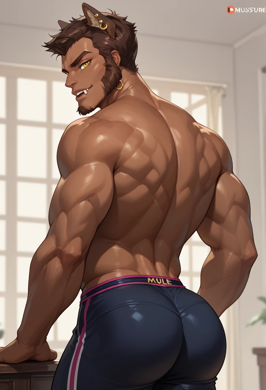 Realistic, muscular guy with long hair and masculine features, showcasing his strong back. Battle scars add to his sexy appeal. He confidently flaunts his big fat ass/buttocks inside of tight string thong