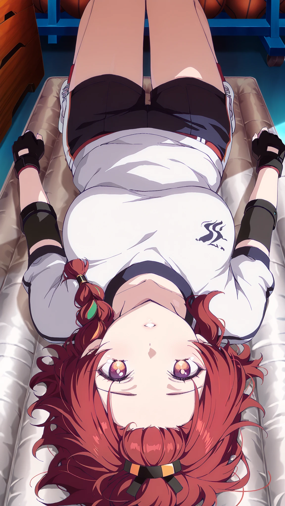 1girl, chixia_ww, red hair, bangs pinned back, braid, aroused, parted lips, modest breasts, gym sweaters, gym shorts, fingerless gloves, shiupside, lying, on back, upside-down, in a gym storeroom, afternoon, anime screencap, masterpiece, best quality, amazing quality