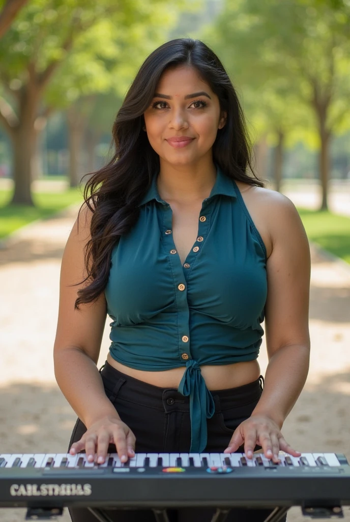 A curvy young woman, likely of South Asian ethnicity, is depicted in a well-lit portrait. She is of her 18, with a medium but curvy build. She is wearing a well-defined dark teal-colored sleeveless but chest-neck outfit and and tight-fitting dark blue ties.  The outfit is a nicely designed and nice emblems on the breasts.  She is wearing well-fitting black pants around her low waist that highlights her navel. Her hair is dark, long, glossy, waving that enhances the focus in her breasts.  She has a neutral facial expression, with soft makeup. Her eyes are looking directly at the viewer. She is standing behind a stand keyboard and playing the keyboard, and her body is directly towards the viewer, positioned slightly off-center to the frame. Her expression is neautral and pleasant. The lighting is even and bright, casting no harsh shadows. The background consists of a light beige burred well-defined green park with a natural light. The overall composition is formal and straightforward, with a focus on the subject. The style is portrait-style. The colors are predominantly muted. The atmosphere is calm.
