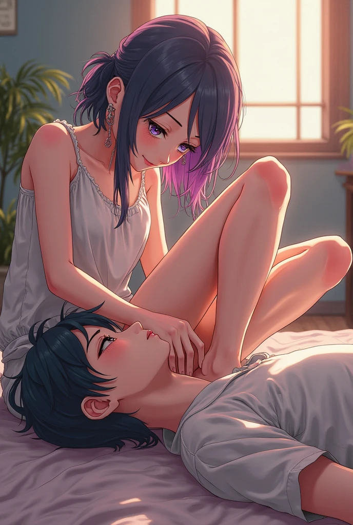 Living room, a couple has sex ON the bed, the sexiest highschool Girl has sex with weak, unpopulär Guy, the Girl has very short purple Hair, Green eyes, fat eyelashes, fat lips, in White underwear, sitting at the top of the Guy, the Guy has black Hair is skinny, Grabs her Body, Anime style