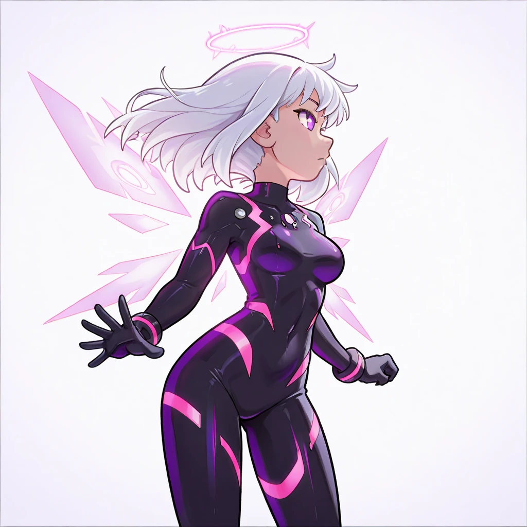 (wide shot standing in front of Ancient Alien Ruins:1.3), full body wide angle cinematic shot [standing on path leading to Interplanetary Gateway], surreal purple sky, (standing woman looking at glowing Alien Artefact:1.3), (pale, 24 years old, large covered breasts, cleavage, skinny waist, young european woman, futuristic fashionista:1.5), utility belt, map, (Oval-shaped face, luminous complexion, aqua+ almond-shaped eyes, thin high arched eyebrows, small upturned nose, cupid's bow lips:1.2), (backlit sliced bob medium white hair:1.3), form-fitting high tech racesuit with neon magenta accents that highlight her silhouette, (dragon scale leggings:1.1),alien planet, surreal desert terrain, [alien sky], [magenta cloudy skies], [ringed planet in distance], dust trails