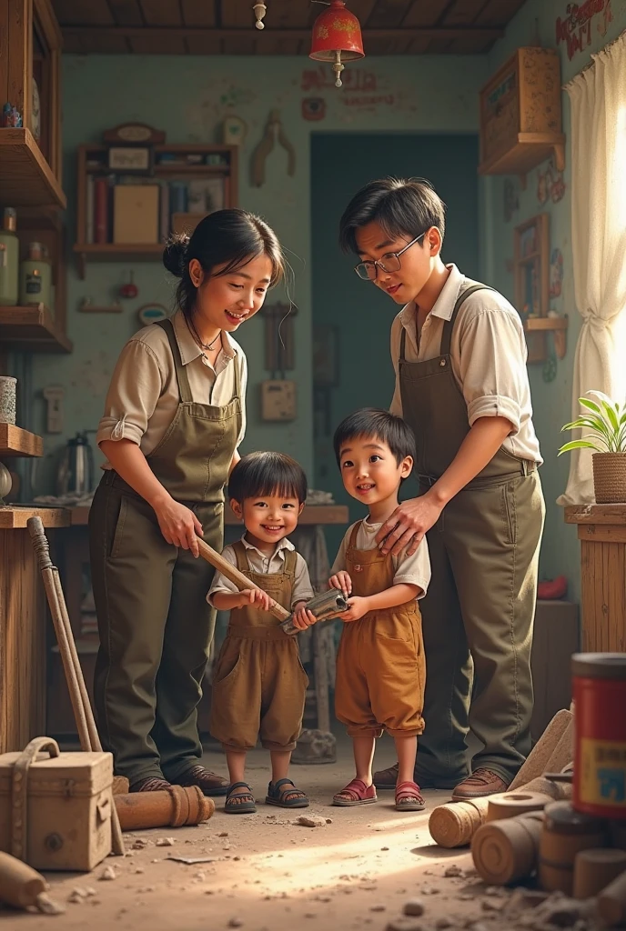 Disney animated cover where there are little boys and girls with aprons doing paintings , that each  is happy and in a kids room where images of crosses or Jesus are seen 