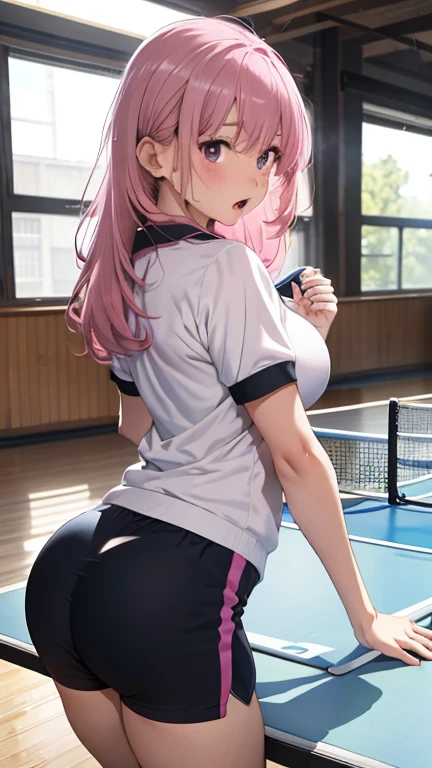 masterpiece, Superb illustrations, Highest quality, Particles of light, Very detailed, 8k wallpaper, (Vibrant colors:1.2), (girl), look back,Laugh shyly,blush, Laugh shyly, Gaze lovingly at,Medium chest, Black Hair, Messy Hair, Medium length hair, ponytail, Pink Ribbon, Shiny Hair, Glowing Skin, Cute Face, (Pink tennis uniform), Bottomless, Nipples, (Beautiful pink eyes, Shining Eyes), , blush cheeks, Open your mouth, (male:1.4), (male standing behind girl), (Intense sex:1.2), (dorsal position:1.4), Standing puppy, Alienity, (male hold girl's waist:1.4), (View,male性の視点、View from above:1.4),(), National Foundation, Outdoor, Tennis court, sunlight, Shadow,In underwear,White panties,Middle school students