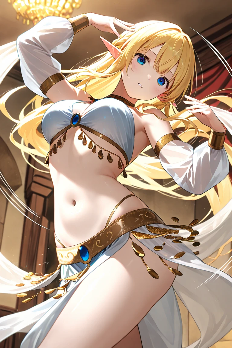 masterpiece、ultra-quality、extremely transparent skirts、Very transparent bra、Full body like、nudde、no-bra、Very slender、Anime girl with blonde hair and gold armor posing naked、anime girl with a very big breast and a very big breast、Elven Girl、anime goddess、Perfect Style、The fleshy feeling of whip、a blond、Blue eyes、alluring elf princess knight、Very open chest、oppai proportions、(Exposed seductive attractive cleavage:1.3)、teats、You can almost see the areola、Ecchi anime style、Glittering golden armor、Angel Smile、angelic golden armor、Glamorous bikini armor、Beautiful fingers、Gold hair ornament、Sexy body、Emphasizes cleavage