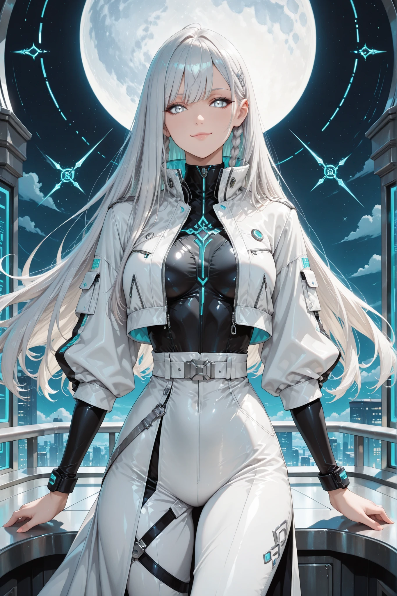 ((masterpiece, best quality, anime style, ultra-detailed)), (1girl, solo, human), (young female, age 18–20, elegant and composed build, glowing silver eyes:1.5, calm confident smirk, fair skin), (long silver hair styled with two tight loop-braids tied low behind each ear:1.5, connected to a smooth straight fall of hair down the back, clean middle part, no loose strands), (white and silver futuristic streetwear:1.5, high-collar cropped jacket, minimal glowing sigils, sleek pants or asymmetrical skirt, combat-ready but elegant), (half-body front view, standing with relaxed confidence, head slightly tilted), (large silver full moon behind her head:1.6, casting cold moonlight), (background: frosted rooftop or moonlit balcony, shadow mist, ambient runes drifting in air), (color palette: white, silver, icy blue, shadow gray), (vibe: composed lunar enforcer, silent strategist, Silver Moon sovereign with precision and poise)