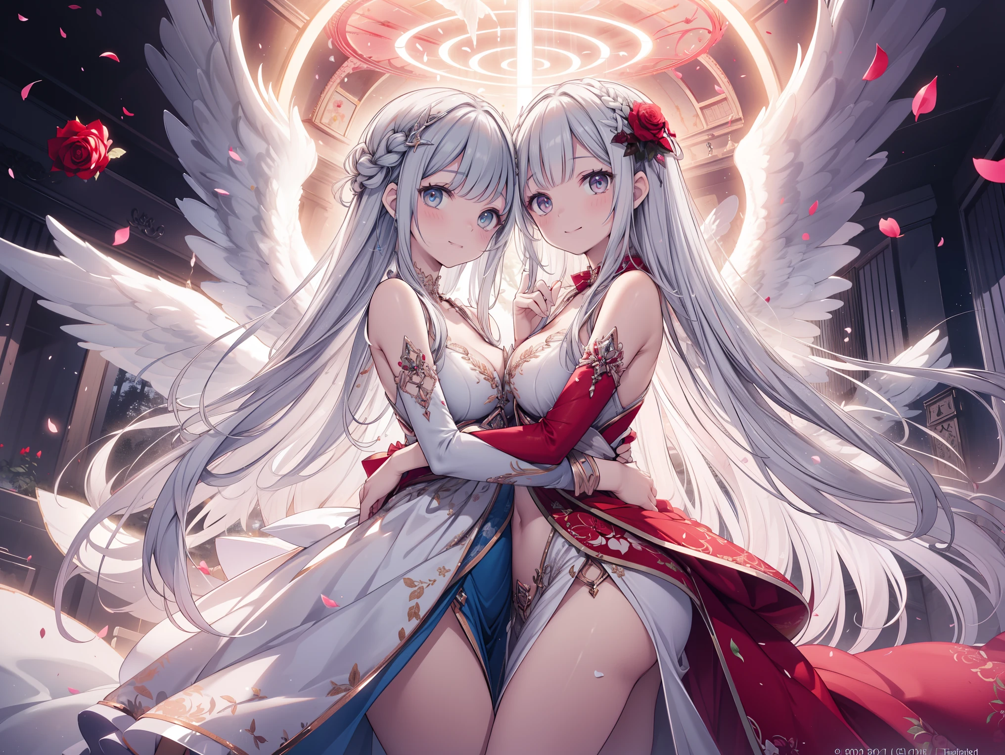 light skin color, white hair color long hair, Bigchest, 1:70, sexy for，Nero，White wings, angel kneeling, Overhead halo, yellow-eyed, sexy for姿势, Angels, 26 year old, angel mark, enchanted，hyper HD， White hair, eBlue eyes, Mother and daughter.Squat down and open your legs
