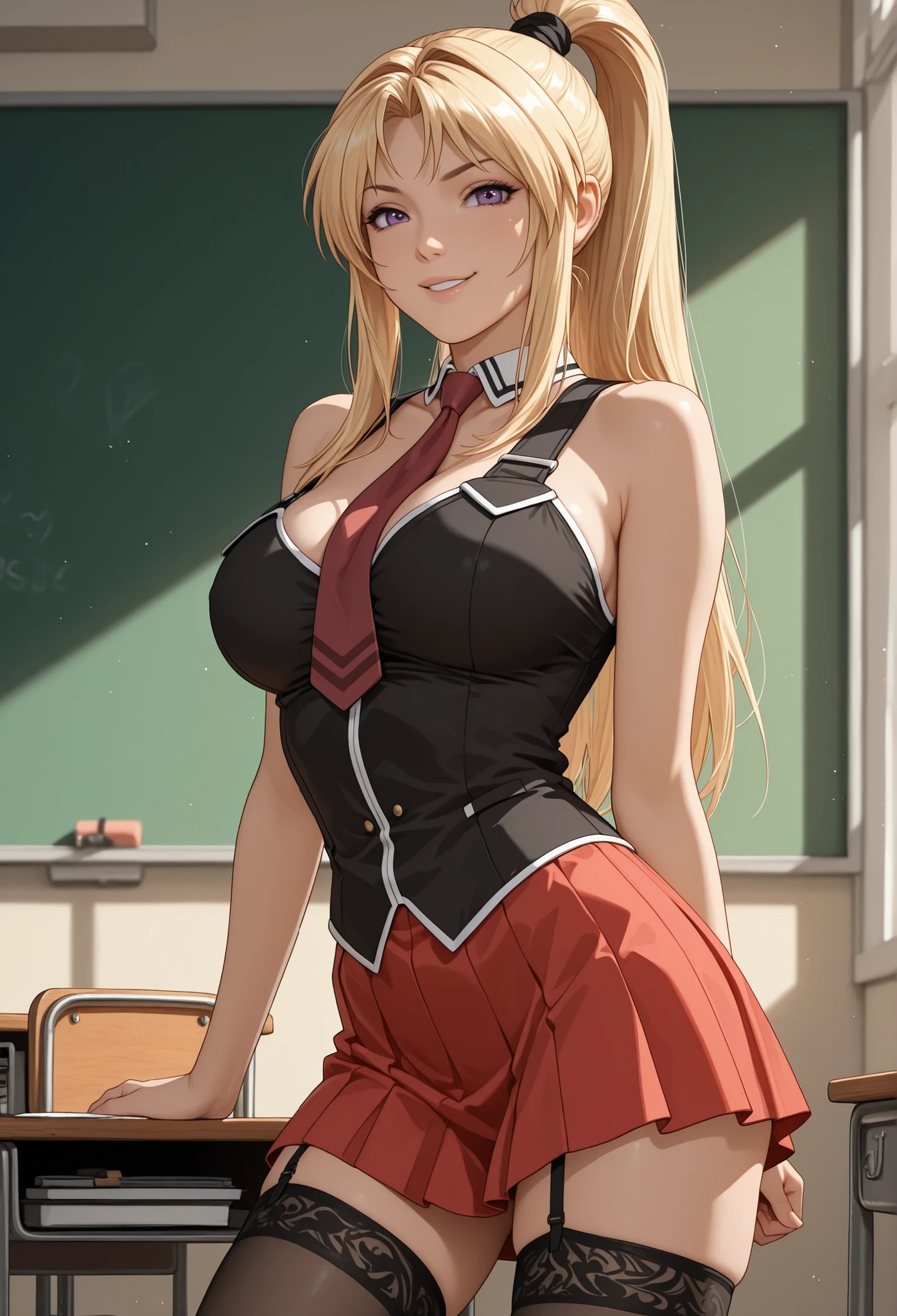 Masterpiece, Best Quality, high resolution, 1 girl Kaori Saeki, school uniform, black tank top, black vest, red tie, red skirt, black thigh-high stockings, classroom, cowboy shot, (smug: 0.3), looking at viewer, focus only, mischievous smile, sensual pose, attractive