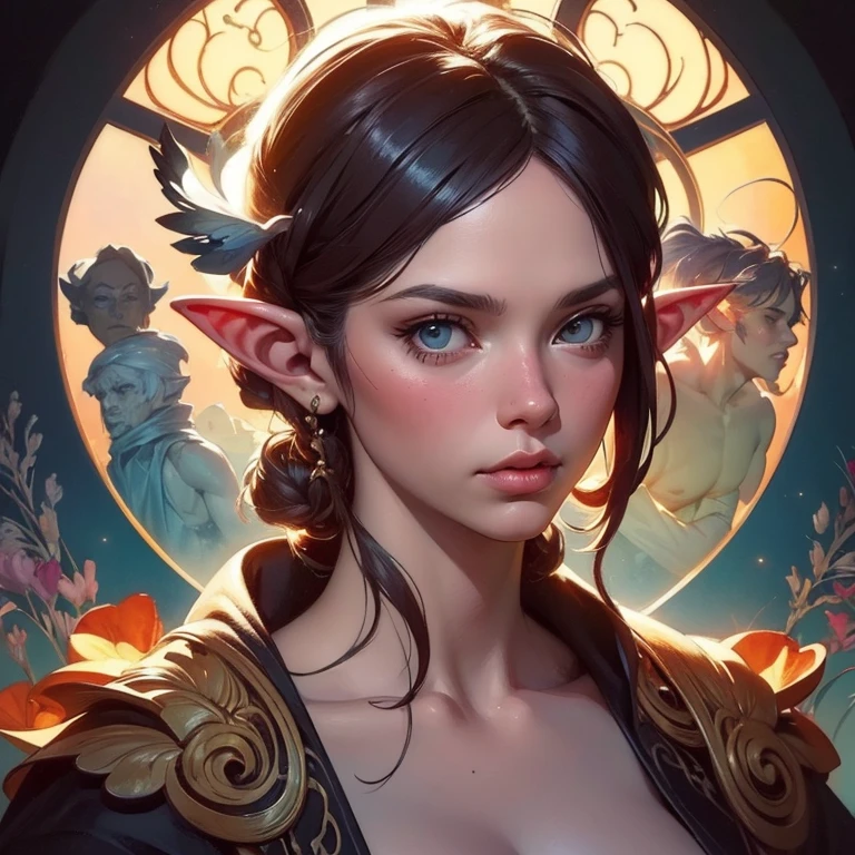 a movie still frame, of emma watson as a female elf, oil on linen, beautiful painting, by tooth wu, artgerm, fantasy concept art portrait, by bayard wu,