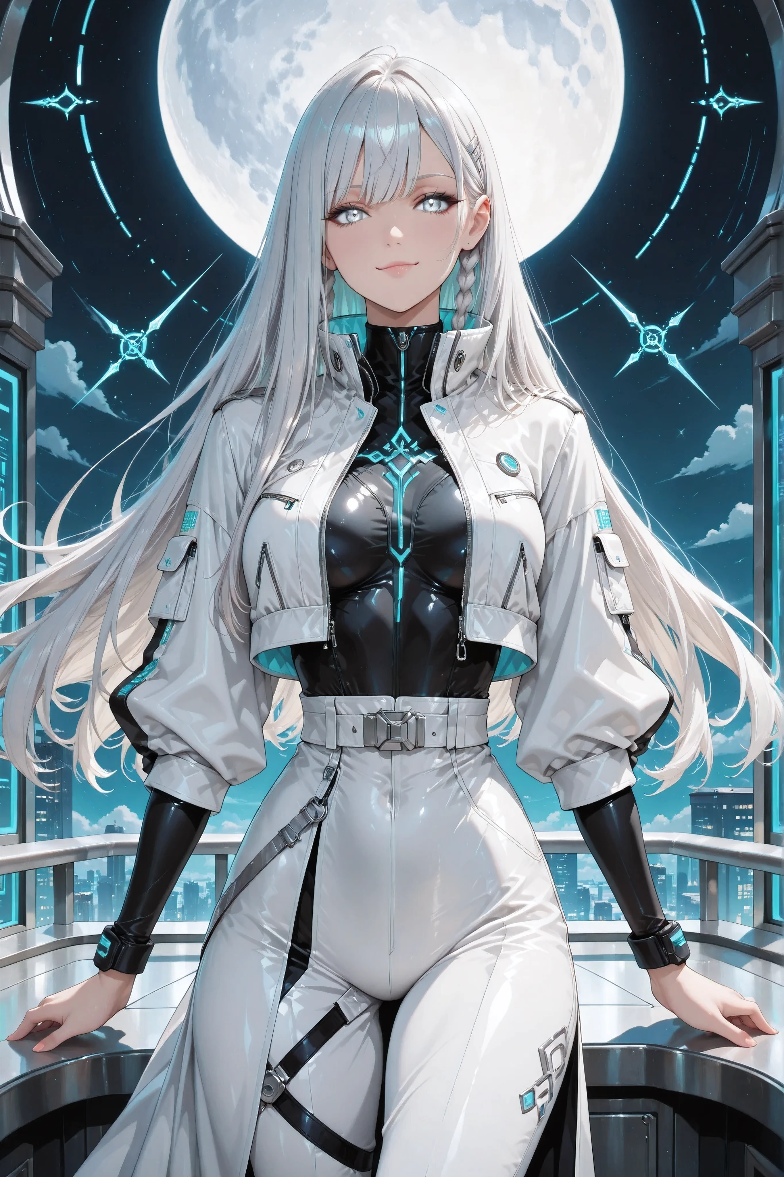 ((masterpiece, best quality, anime style, ultra-detailed)), (1girl, solo, human), (young female, age 18–20, elegant and composed build, glowing silver eyes:1.5, calm confident smirk, fair skin), (long silver hair styled with two tight loop-braids tied low behind each ear:1.5, connected to a smooth straight fall of hair down the back, clean middle part, no loose strands), (white and silver futuristic streetwear:1.5, high-collar cropped jacket, minimal glowing sigils, sleek pants or asymmetrical skirt, combat-ready but elegant), (half-body front view, standing with relaxed confidence, head slightly tilted), (large silver full moon behind her head:1.6, casting cold moonlight), (background: frosted rooftop or moonlit balcony, shadow mist, ambient runes drifting in air), (color palette: white, silver, icy blue, shadow gray), (vibe: composed lunar enforcer, silent strategist, Silver Moon sovereign with precision and poise)
