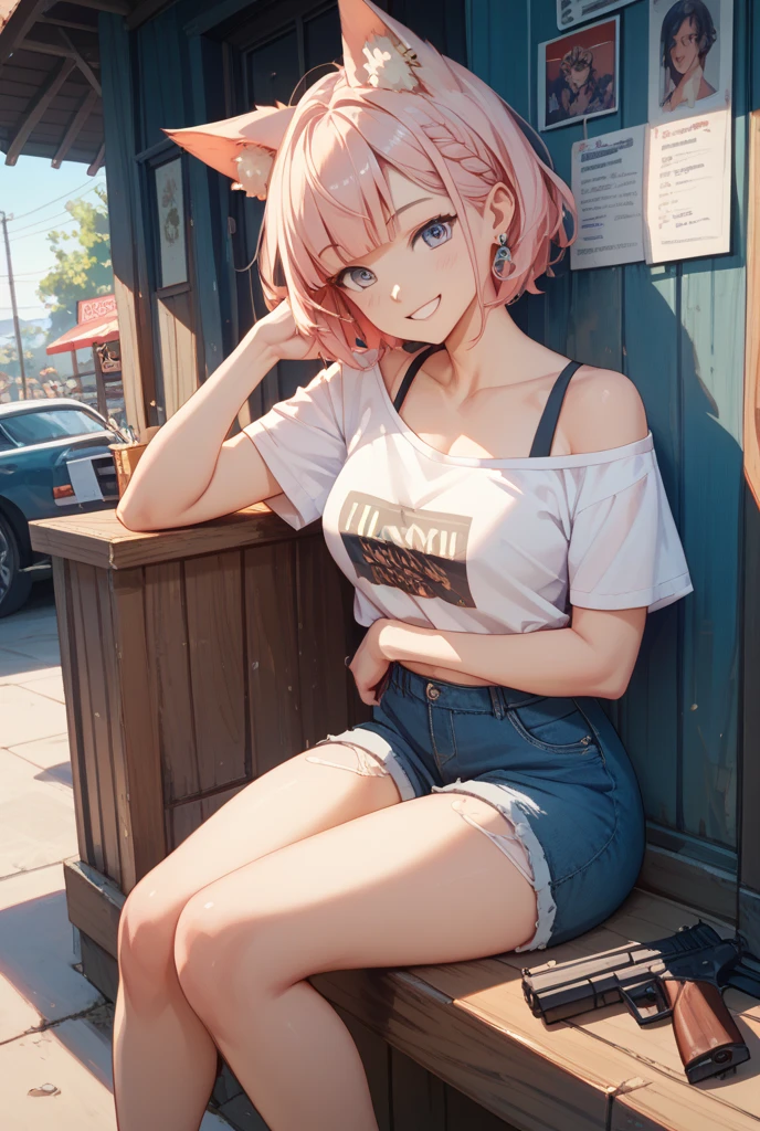 2D, masterpiece, highest quality, anime, very detailed, 1 girl, only, cowboy shot, {{{{{pink spiky short bob hair、short hair, yellow eyes}}}}}, look away, (highest quality、In 8K、32K、masterpiece、nffsw、超A high resolution、portrait from the knees up, Impressionism、Photoreal:1.2), cowboy shot、sharp focus、detailed face and eyes,30 year old beauty、shiny skin, , Cardigan to wrap around the waist, shirt white sleeveless white, cleavage, jeans shorts, tight pants, medium waist, wide hips, wide thighs, Are standing, outdoor street, sunset, good lighting, smile, embarrassing, closed your mouth, good hand, excellent anatomy