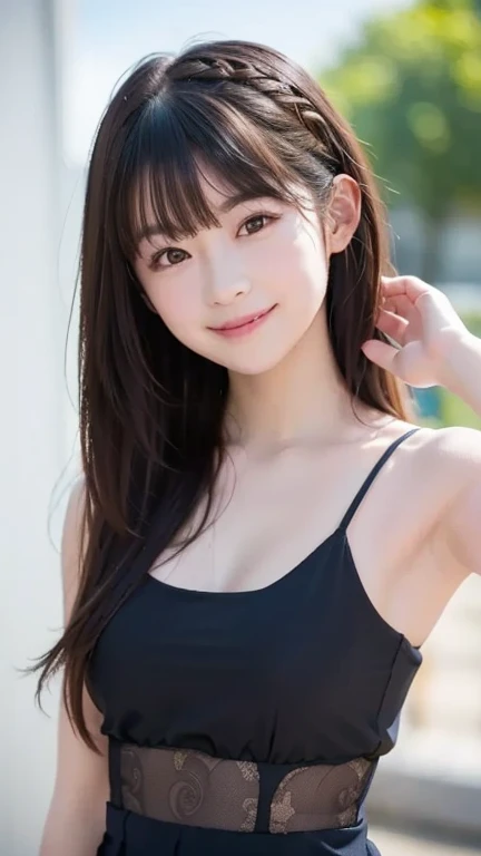 (best quality, masterpiece, ultra high resolution, (photorealistic:1.4), RAW photo, ultra detailed), 1girl, (((Japanese famous idol))), beautiful black hair, (((amazingly cute face))), (((big black beautiful eyes))), (beautiful small breasts and cleavage), wearing cute big size bikini, attractive smile