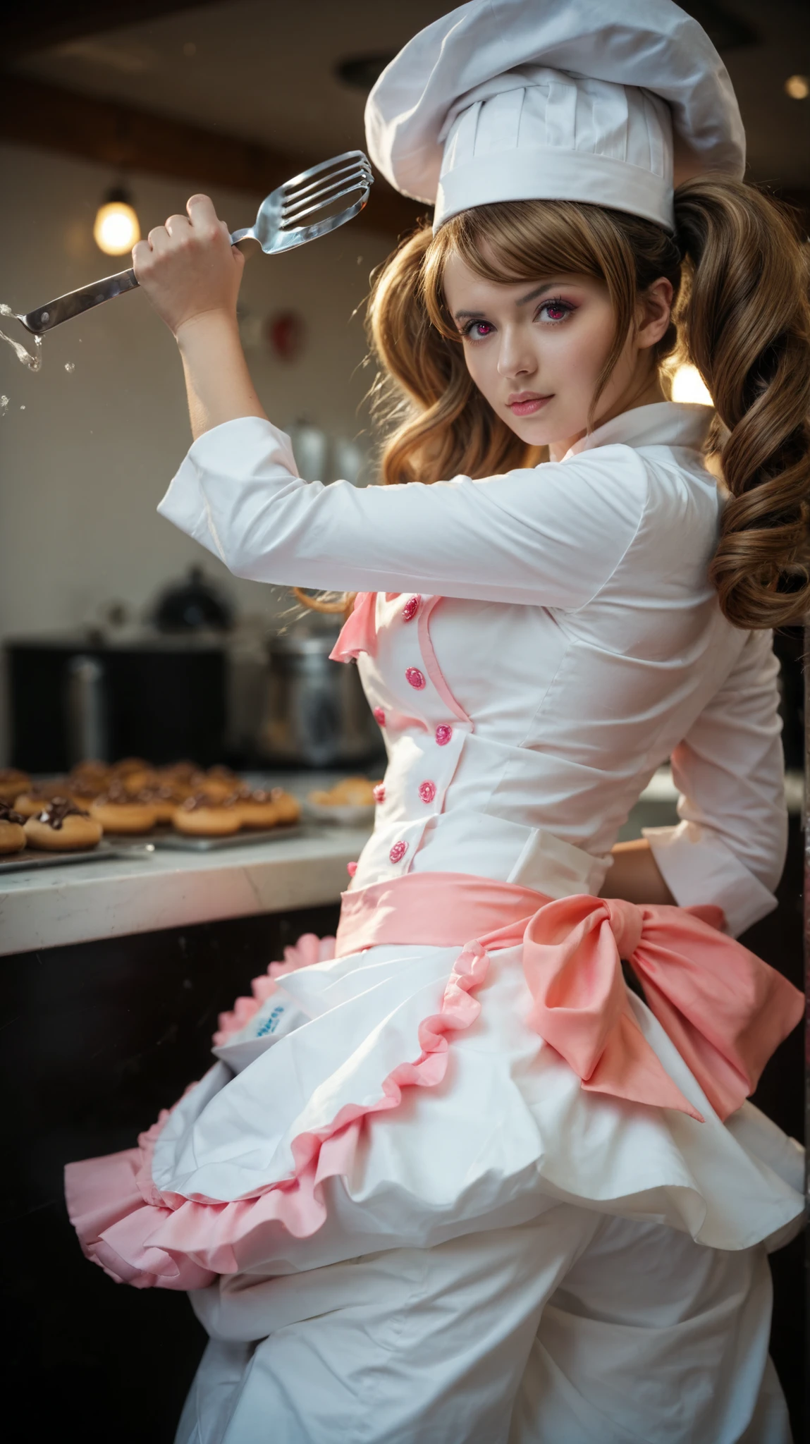 score_9, score_8_up, score_7_up, Charlotte Pudding, female, in hyperrealistic anime style. One eye subtly hidden in the forehead, three eyes, one eye on the forehead. Set in a magical bakery with a vibrant and dynamic atmosphere. Includes a white chef's outfit with a pink ribbon bow at the waist and a tall chef's hat, holding a spatula with a fierce expression, in an action pose with a closed fist and arm raised, light brown hair in voluminous pigtails, chocolate swirls and bright pink sparkles floating around her, realistic fabric textures, soft sheen on skin and clothing, emulating a Sony Alpha 7R IV with a 35mm f/1.8 lens, using dramatic cinematic lighting, composed with a dynamic diagonal angle and medium-ground perspective. Asian, beautiful (25 years old), toned abdomen, charming, and with great detail.,