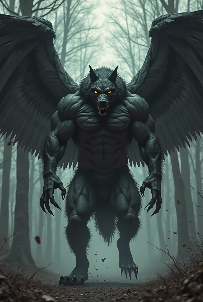 black werewolf,gigant ass , Profile, kamishimo, two katanas, black wings, back of head on fire.