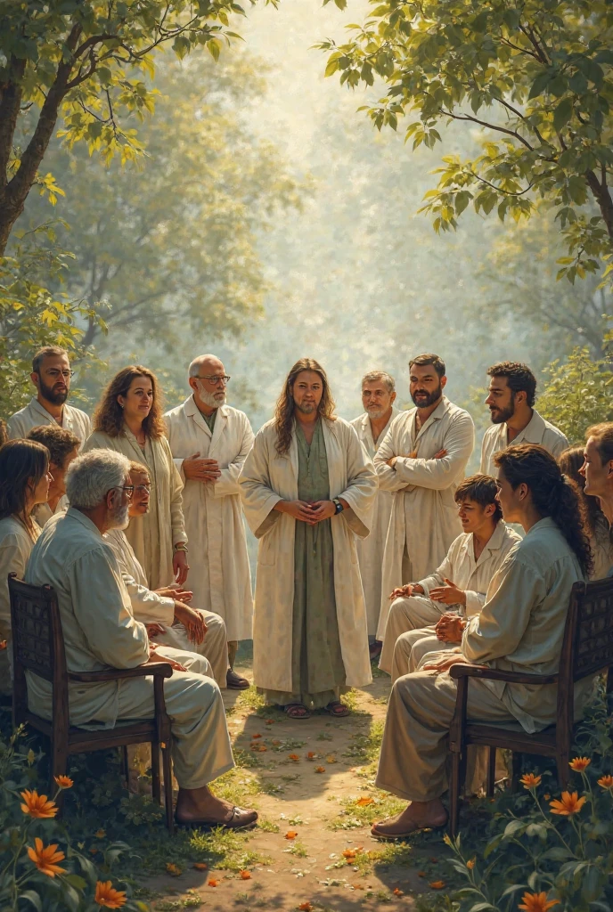 Jesus sitting under a tree speaking parables to his disciples
