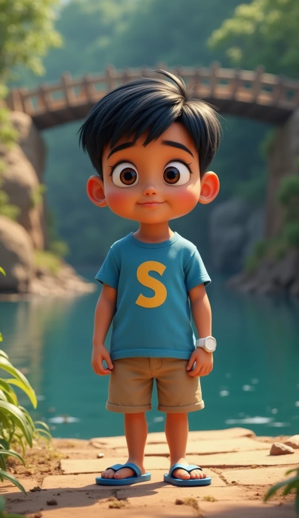 Pixar style: Cute cartoon style of a boy name "REZKY", brown eyes, wavy short black hair, poster, photo, 3d render, fashion parent 4, disney pixar logo