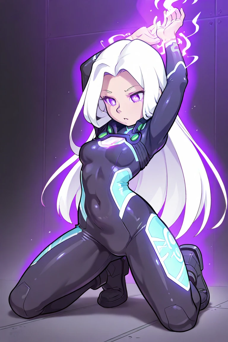 1girl, sway, hip sway, large breasts, swaying hips, thick thighs,wide hips, bouncing breasts, hands behind head, arms behind back, anime style, anime screencap, dancing, dance, mind control, hypnosis, futuristic, tech, science-fiction, vr visors, visors, covered eyes, head-mounted display, virtual reality visors, white hair, smile, visors on eyes, bodysuit, blue neon trim, from behind, huge ass, pantyhose, thigh strap