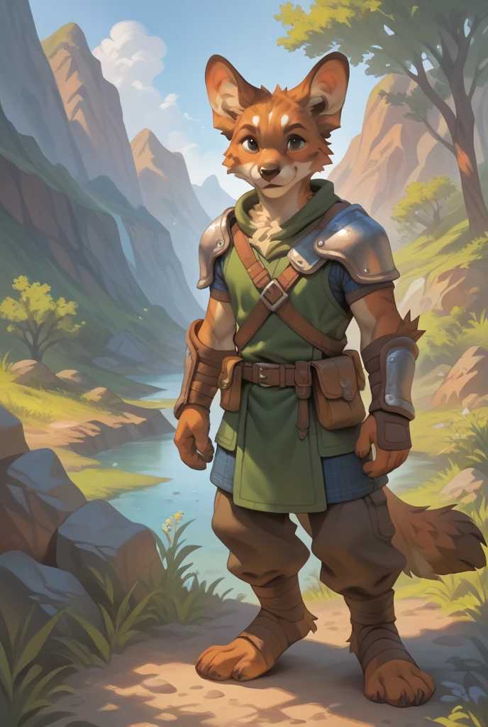 ((best quality, high res)), bear, 1male, solo, young, skinny muscle, fat, brown fur, smirk, green eyes, woods, half armour, pants, bulge, walking, holding a sword, by Bebebebebe, by SpiritD, by K0BIT0WANI, by Zackary911