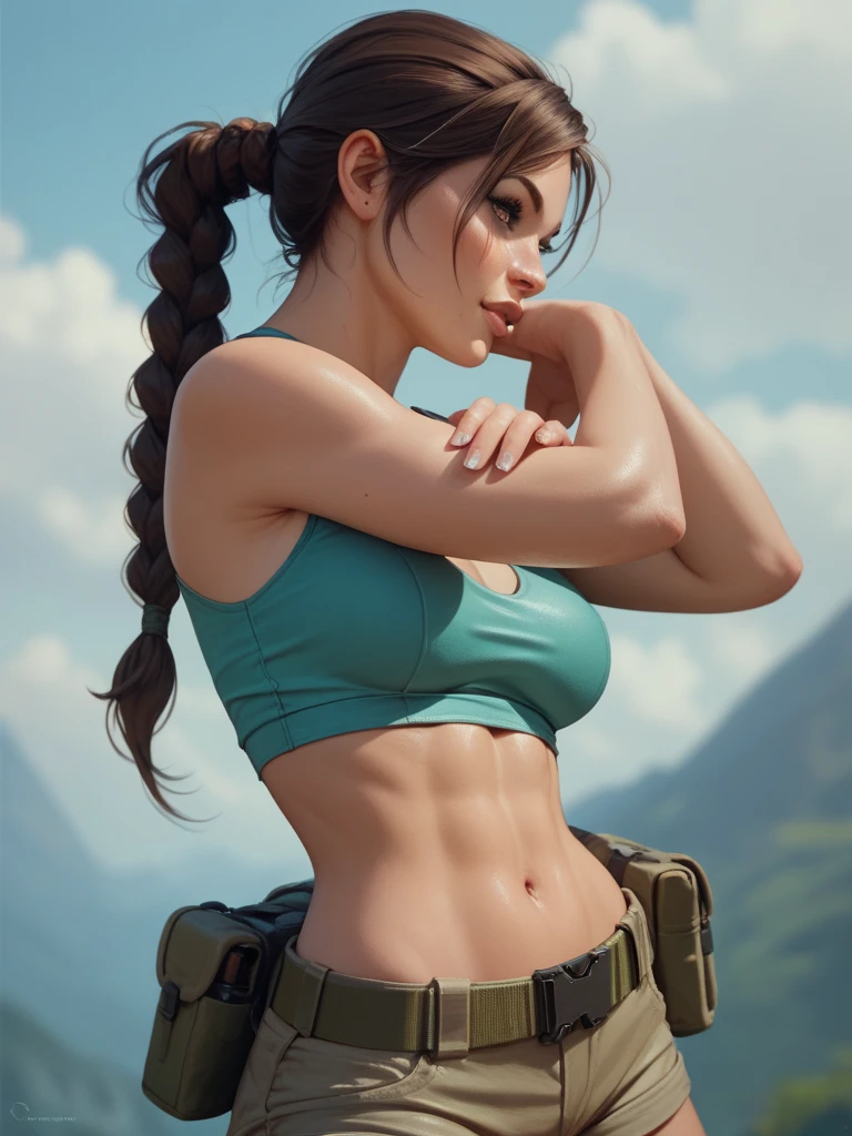 best quality, super fine, 8k, game, tomb raider, beautiful lara croft, crop tank-top, costume, abs, equipment, cliff, mountain path, valley floor, river, landscape